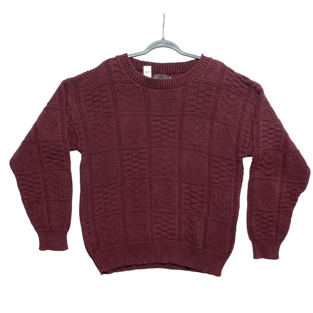 John Weitz Sweater Mens M Burgundy Patchwork Geometric Textured Knit Made in USA